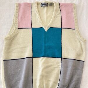 Aureus 1980s Vintage Men's Multicolored Pink Turquoise Cream Grey V-Neck Vest